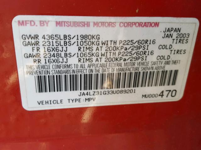 JA4LZ31G33U089201 - 2003 MITSUBISHI OUTLANDER RED photo 10