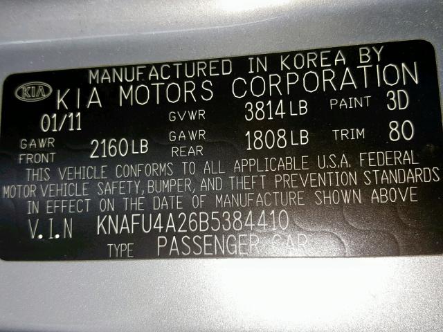 KNAFU4A26B5384410 - 2011 KIA FORTE EX SILVER photo 10