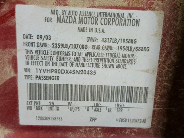 1YVHP80DX45N20435 - 2004 MAZDA 6 S RED photo 10