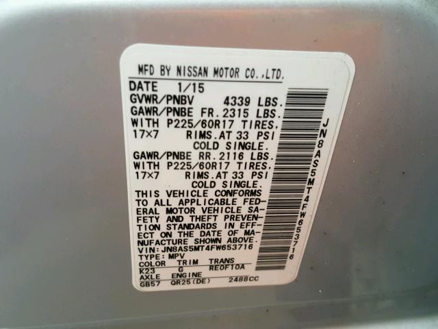 JN8AS5MT4FW653716 - 2015 NISSAN ROGUE SELE SILVER photo 10