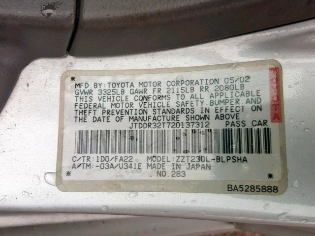 JTDDR32T720137312 - 2002 TOYOTA CELICA GT SILVER photo 10