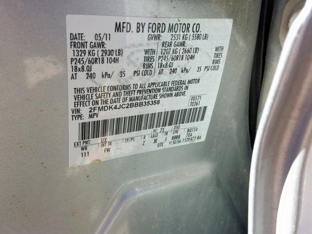 2FMDK4JC2BBB35358 - 2011 FORD EDGE SEL SILVER photo 10