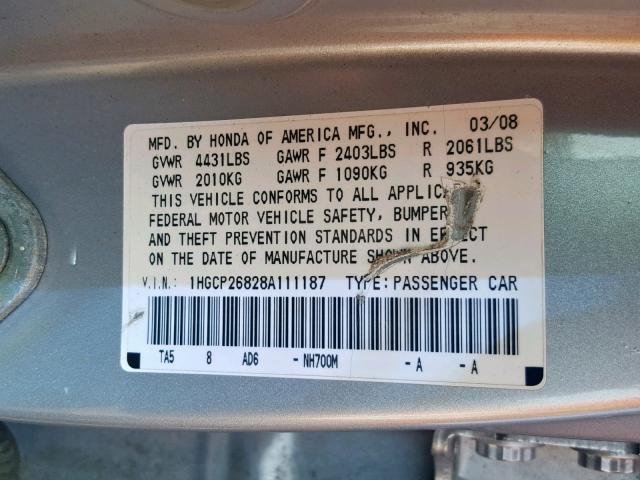 1HGCP26828A111187 - 2008 HONDA ACCORD EXL SILVER photo 10