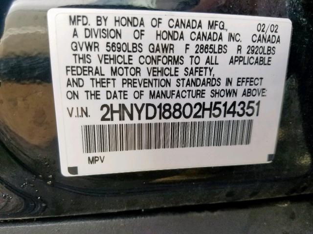 2HNYD18802H514351 - 2002 ACURA MDX TOURIN BLACK photo 10