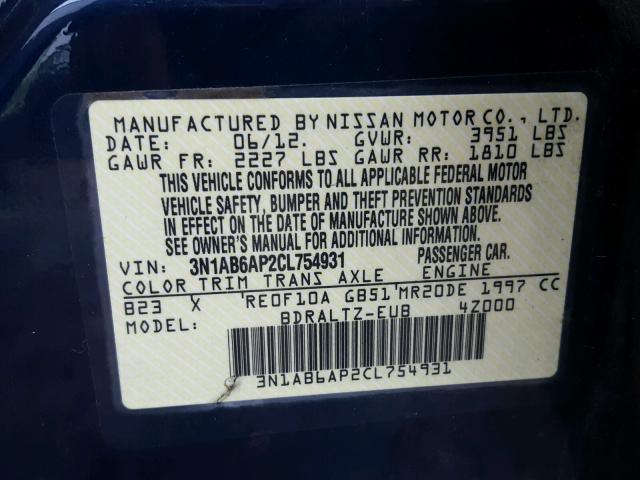 3N1AB6AP2CL754931 - 2012 NISSAN SENTRA 2.0 BLUE photo 10