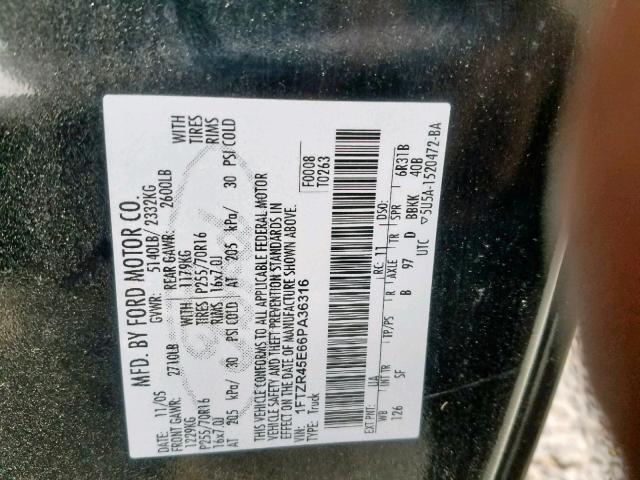 1FTZR45E66PA36316 - 2006 FORD RANGER SUP BLACK photo 10