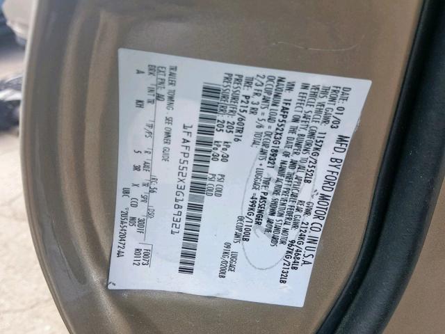 1FAFP552X3G189321 - 2003 FORD TAURUS SES GOLD photo 10