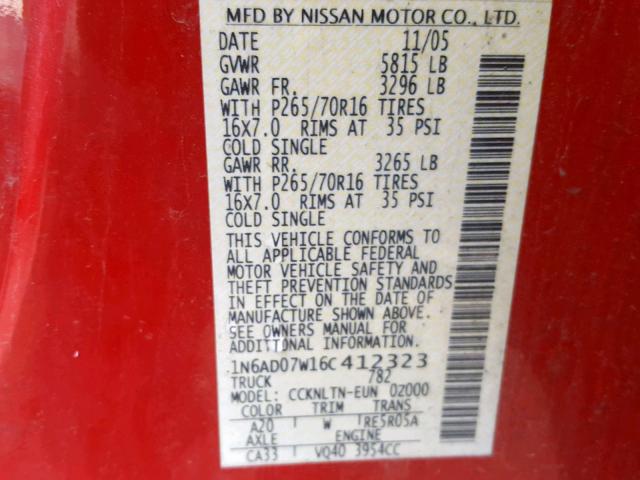 1N6AD07W16C412323 - 2006 NISSAN FRONTIER C RED photo 10