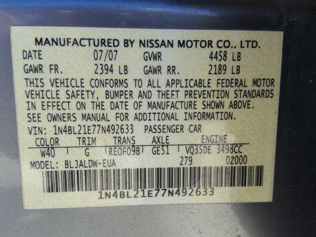 1N4BL21E77N492633 - 2007 NISSAN ALTIMA 3.5 SILVER photo 10