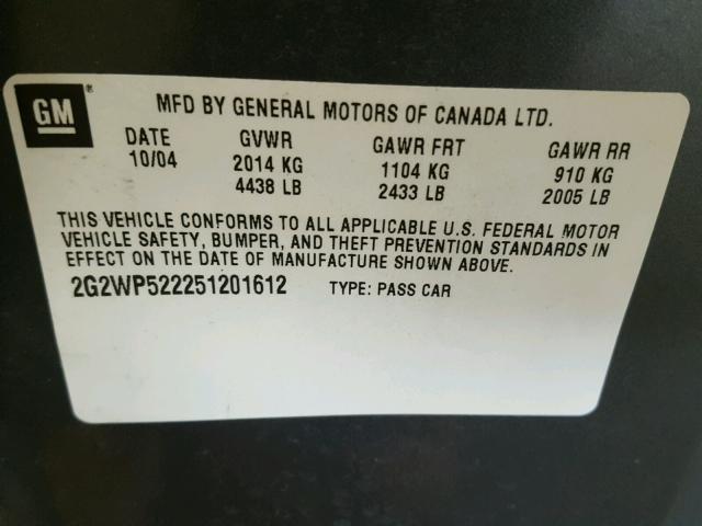 2G2WP522251201612 - 2005 PONTIAC GRAND PRIX GRAY photo 10