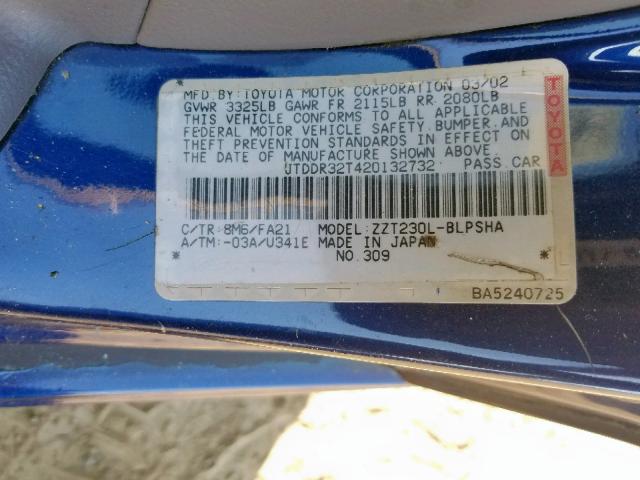 JTDDR32T420132732 - 2002 TOYOTA CELICA GT BLUE photo 10