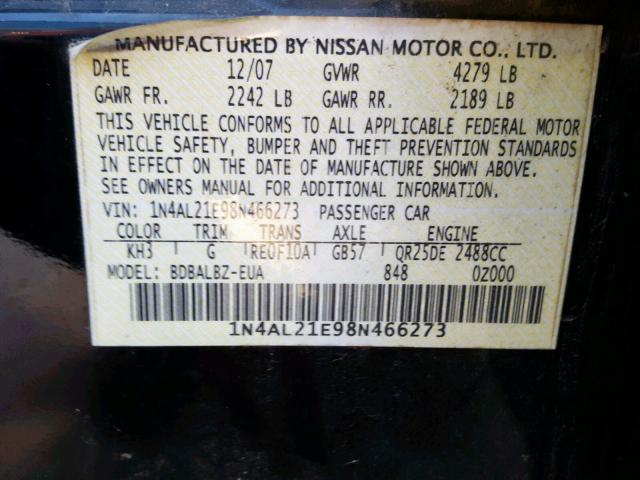 1N4AL21E98N466273 - 2008 NISSAN ALTIMA 2.5 BLACK photo 10