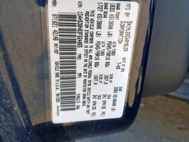 1D4HS38N83F624065 - 2003 DODGE DURANGO SP BLUE photo 10