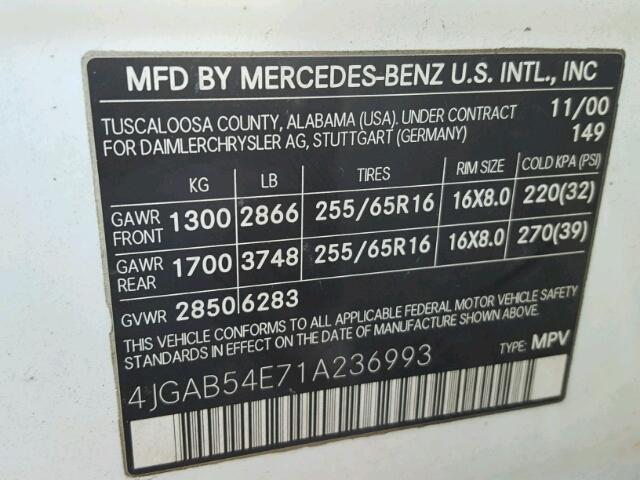 4JGAB54E71A236993 - 2001 MERCEDES-BENZ ML 320 WHITE photo 10