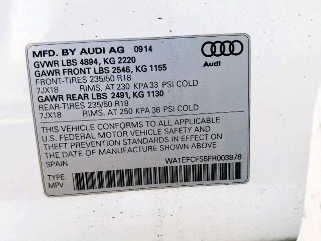 WA1EFCFS5FR003876 - 2015 AUDI Q3 PREMIUM WHITE photo 10