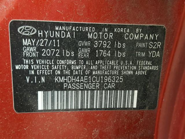 KMHDH4AE1CU196325 - 2012 HYUNDAI ELANTRA GL RED photo 10