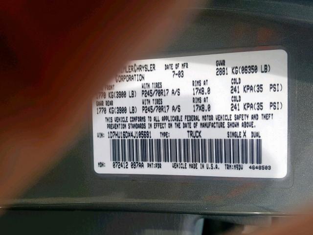 1D7HU16DX4J105691 - 2004 DODGE RAM 1500 S GRAY photo 10