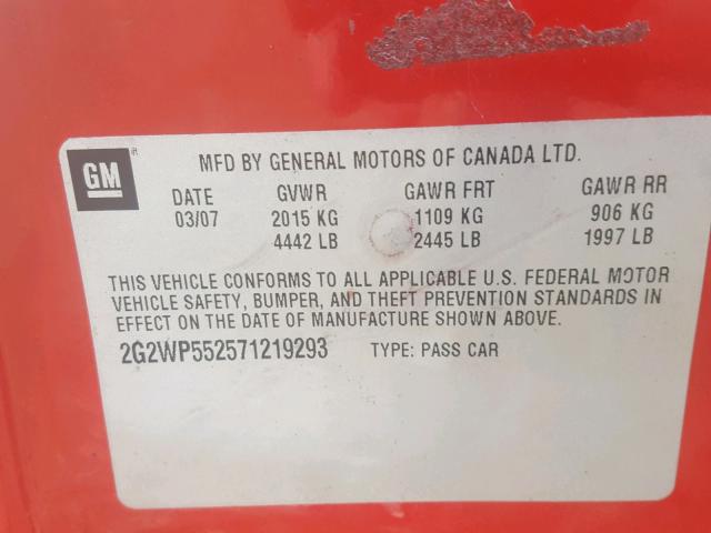 2G2WP552571219293 - 2007 PONTIAC GRAND PRIX RED photo 10