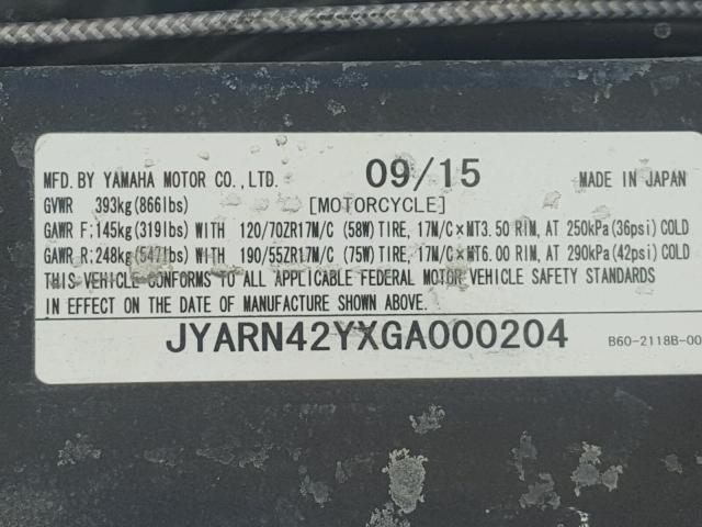 JYARN42YXGA000204 - 2016 YAMAHA YZFR1S C TWO TONE photo 10