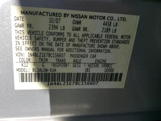 1N4BL21E78C156607 - 2008 NISSAN ALTIMA 3.5 SILVER photo 10