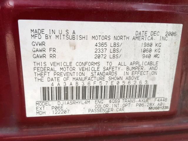 4A3AB36F57E056263 - 2007 MITSUBISHI GALANT ES MAROON photo 10