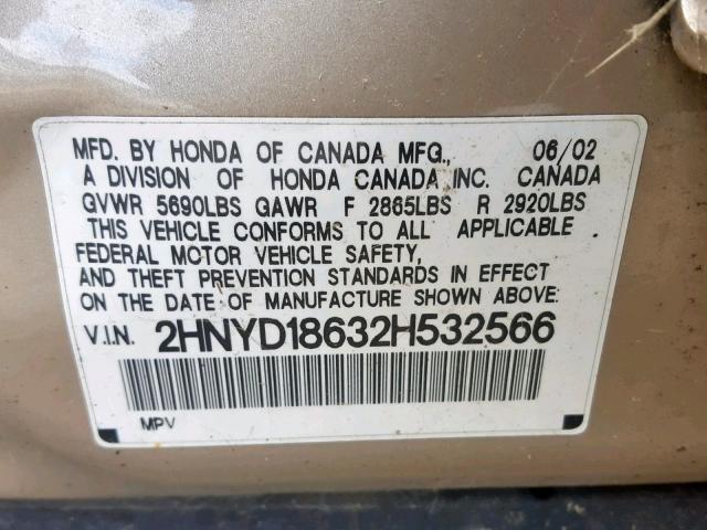 2HNYD18632H532566 - 2002 ACURA MDX TOURIN TAN photo 10