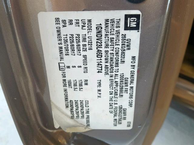 1GNDV23L46D114774 - 2006 CHEVROLET UPLANDER L 棕色 照片 10