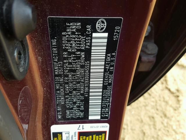 4T1BK1EBXDU045525 - 2013 TOYOTA AVALON BAS BURGUNDY photo 10