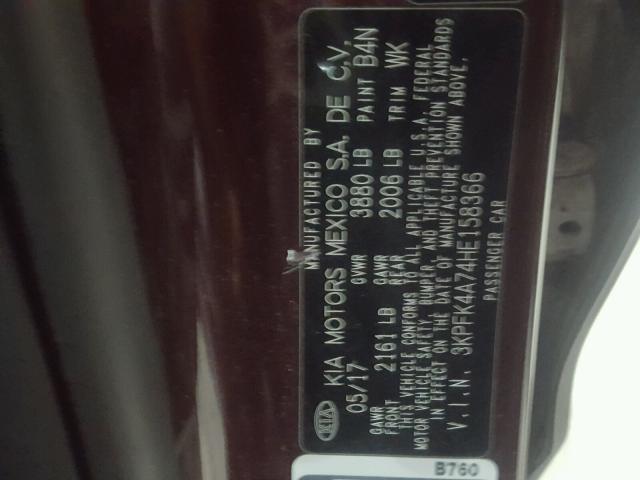3KPFK4A74HE158366 - 2017 KIA FORTE LX PURPLE photo 10