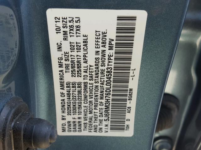 5J6RM3H76DL004583 - 2013 HONDA CR-V EXL BLUE photo 10