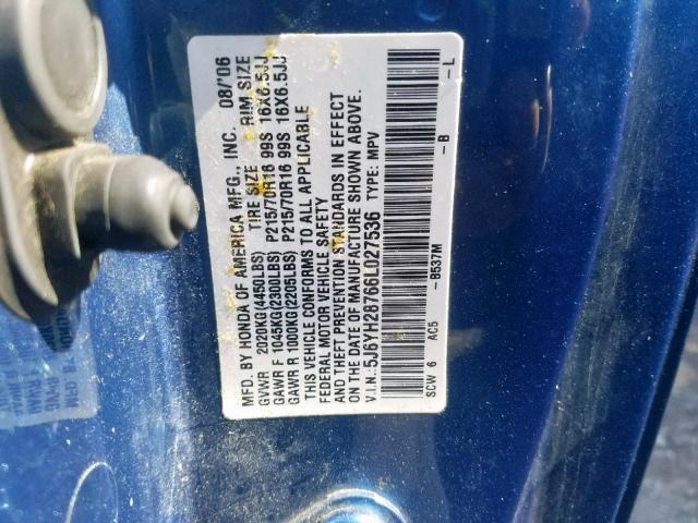 5J6YH28766L027536 - 2006 HONDA ELEMENT EX BLUE photo 10