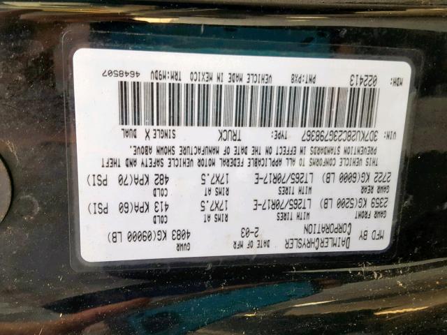 3D7KU28C23G798367 - 2003 DODGE RAM 2500 S BLACK photo 10