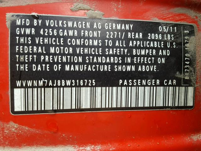 WVWNM7AJ8BW316725 - 2011 VOLKSWAGEN GOLF 红色 照片 10