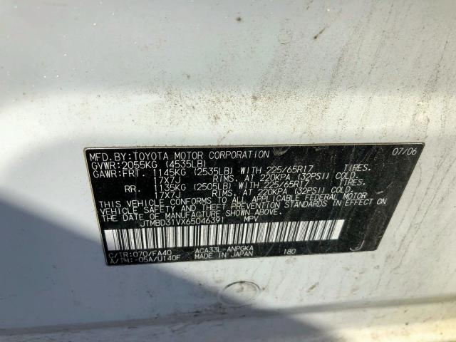 JTMBD31VX65046391 - 2006 TOYOTA RAV4 LIMIT WHITE photo 10