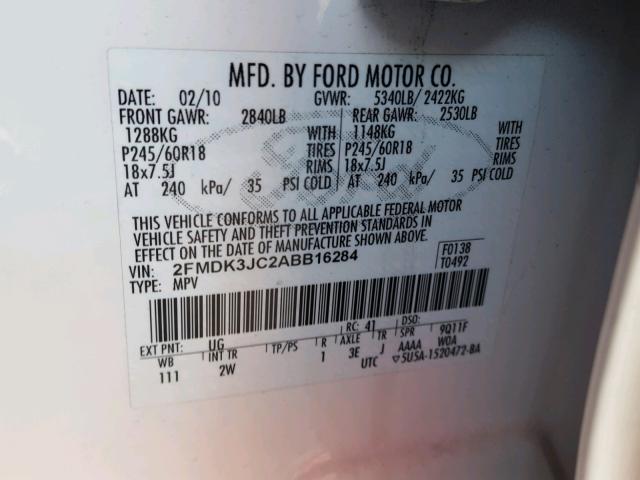 2FMDK3JC2ABB16284 - 2010 FORD EDGE SEL WHITE photo 10