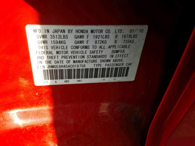 JHMGE8H45AC018756 - 2010 HONDA FIT SPORT RED photo 10