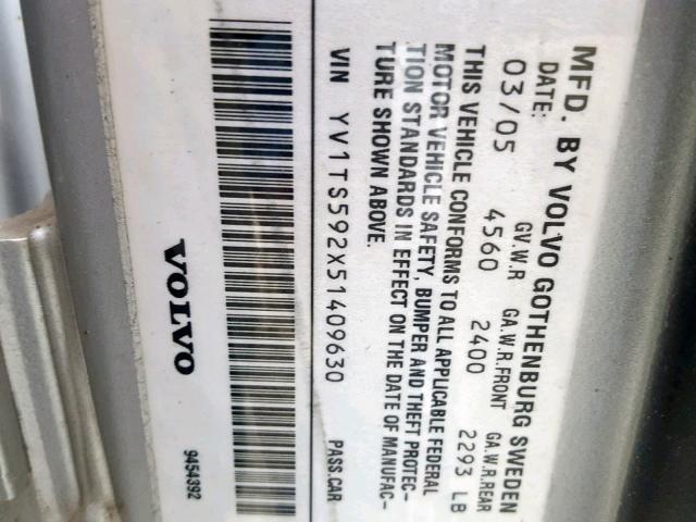 YV1TS592X51409630 - 2005 VOLVO S80 2.5T SILVER photo 10