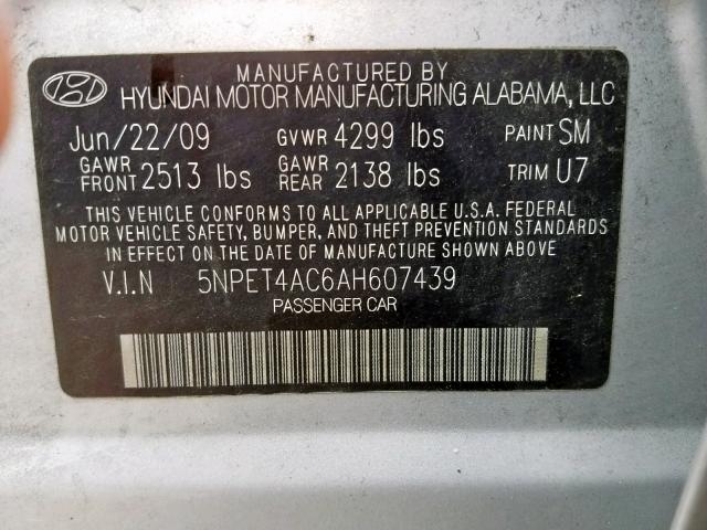 5NPET4AC6AH607439 - 2010 HYUNDAI SONATA GLS SILVER photo 10