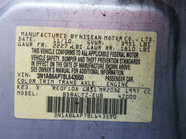 3N1AB6AP7BL643550 - 2011 NISSAN SENTRA 2.0 SILVER photo 10