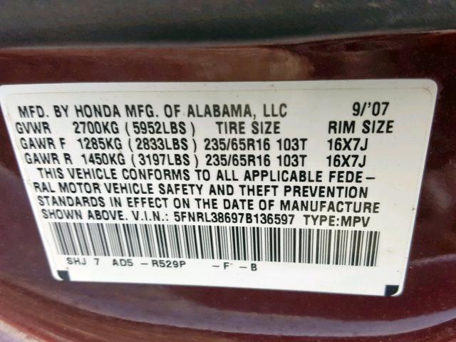 5FNRL38697B136597 - 2007 HONDA ODYSSEY EX BURGUNDY photo 10