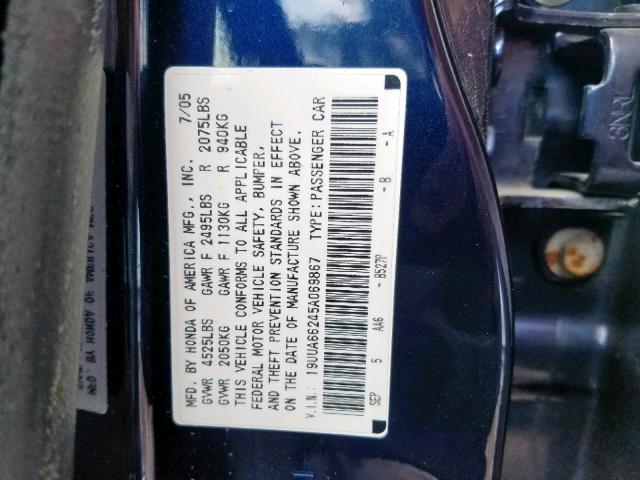 19UUA66245A069867 - 2005 ACURA TL BLUE photo 10