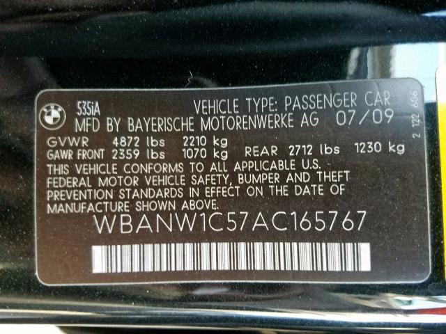 WBANW1C57AC165767 - 2010 BMW 535 I BLACK photo 10