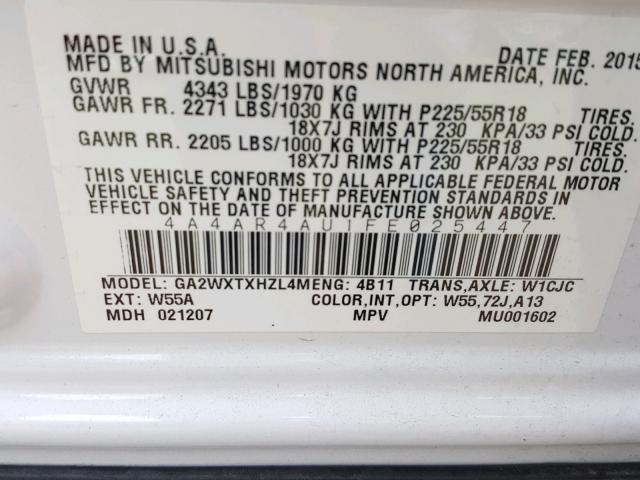 4A4AR4AU1FE025447 - 2015 MITSUBISHI OUTLANDER WHITE photo 10