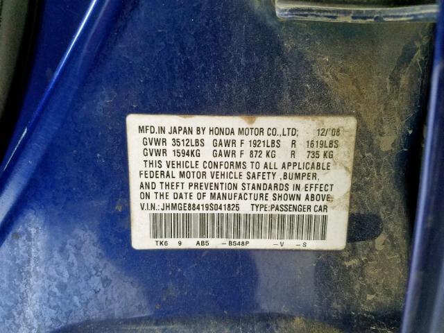 JHMGE88419S041825 - 2009 HONDA FIT SPORT BLUE photo 10