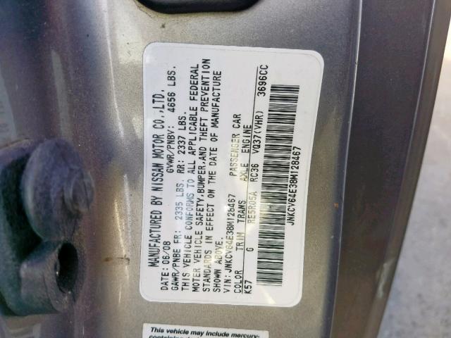 JNKCV64E38M128467 - 2008 INFINITI G37 BASE GRAY photo 10