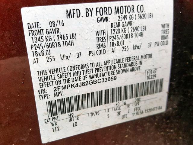 2FMPK4J82GBC33659 - 2016 FORD EDGE SEL BROWN photo 10