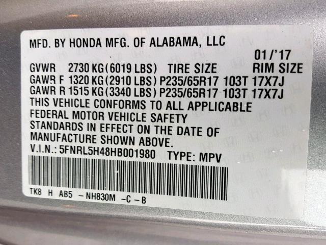 5FNRL5H48HB001980 - 2017 HONDA ODYSSEY EX GRAY photo 10