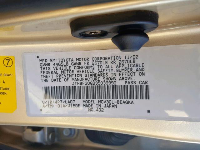 JTHBF30G935039990 - 2003 LEXUS ES 300 GOLD photo 10