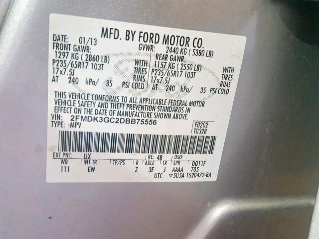 2FMDK3GC2DBB75556 - 2013 FORD EDGE SE SILVER photo 10