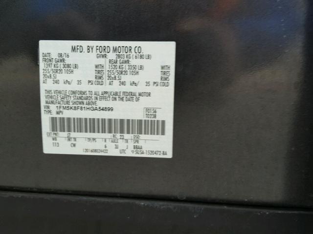 1FM5K8F81HGA54899 - 2017 FORD EXPLORER L CHARCOAL photo 10